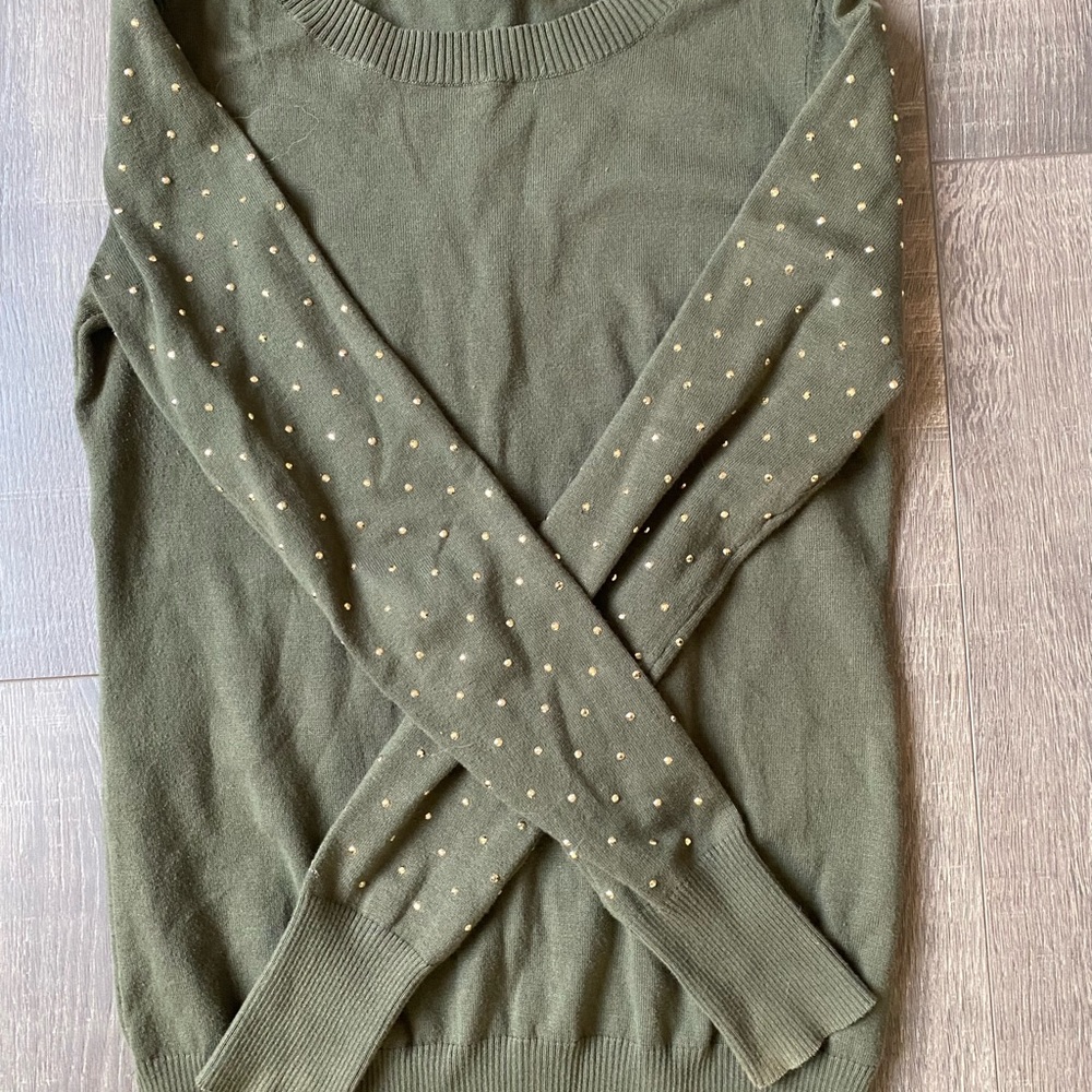 Army Green sweater with gold detailing on sleeves